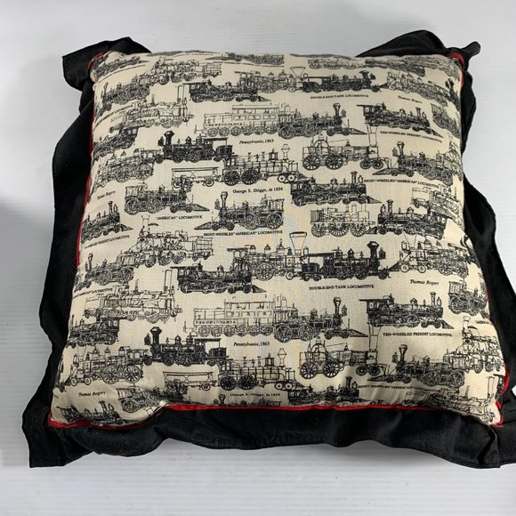 Vintage Train Locomotive Throw Pillow White Red Black Ruffle Retro 19.5" Square - Picture 2 of 6